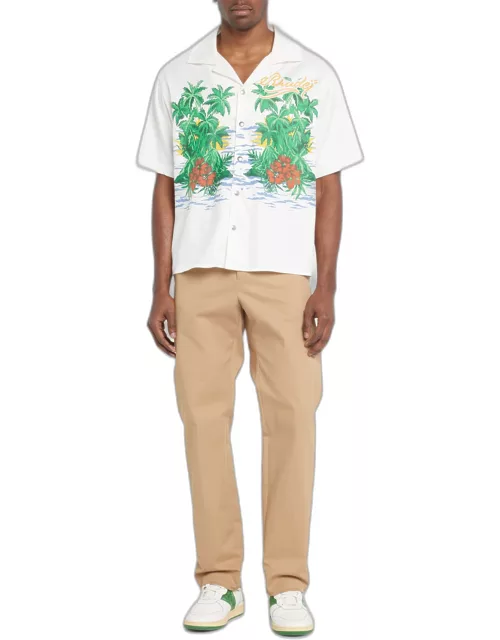 Men's Canvas Tropical Beach-Print Camp Shirt