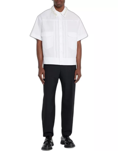 Men's Pleated Shirt with Embellished Collar