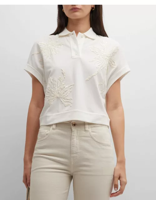 Floral Paillette Embroidered Cap-Sleeve Pique Polo Shirt