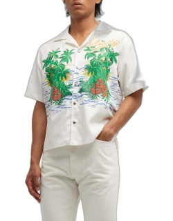 Men's Canvas Tropical Beach-Print Camp Shirt