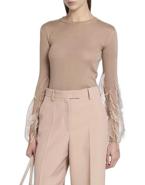 Feather-Sleeve Cashmere Sweater