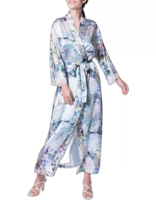 Enchanted Lace-Trim Floral-Print Silk Robe