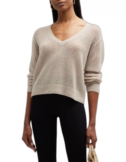 Cashmere Open-Knit V-Neck Sweater Top