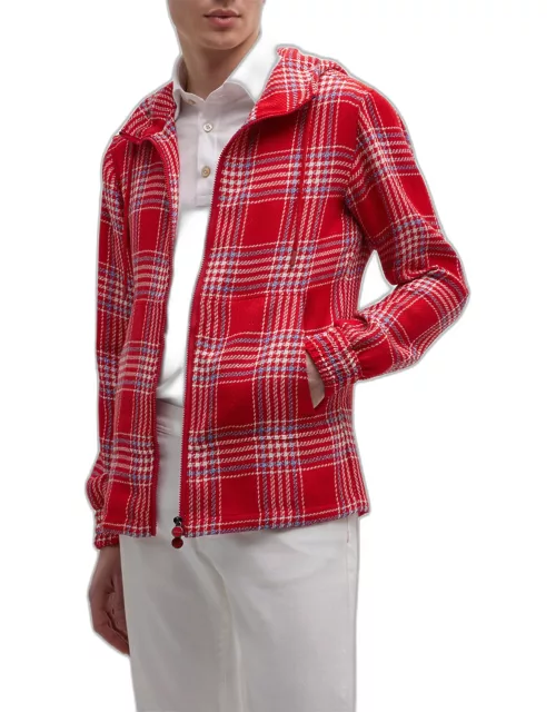 Men's Cashmere-Linen Plaid Hooded Jacket