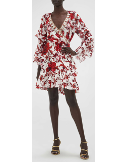 Short Floral SIlk Wrap Dress with Ruffle
