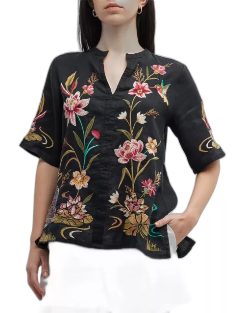 Maisie Floral-Embroidered Elbow-Sleeve Top