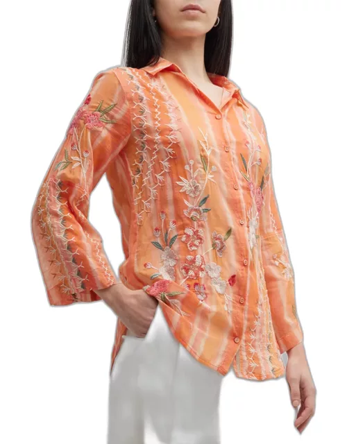 Cherri Floral-Embroidered Button-Down Shirt
