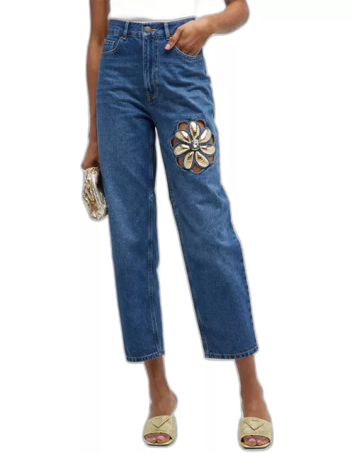 Straight-Leg Jeans with Mussel Flower Detai