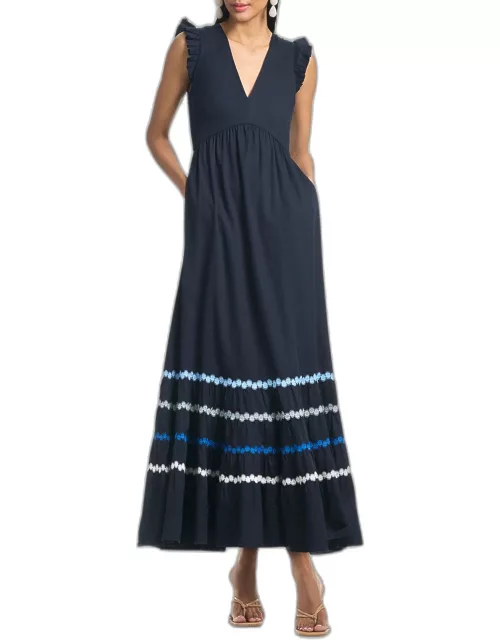 Rosa Tiered Lace-Trim Twill Maxi Dres