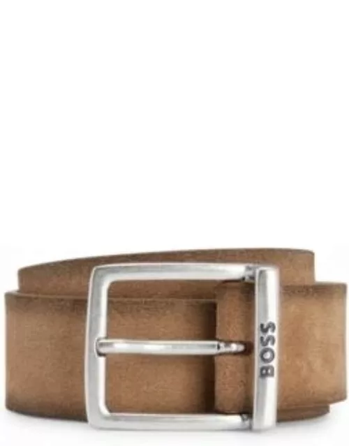 Suede belt with squared buckle and engraved logo- Light Brown Men's Business Belt