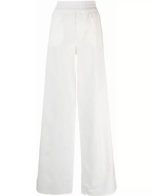 White wide-leg trousers with back logo