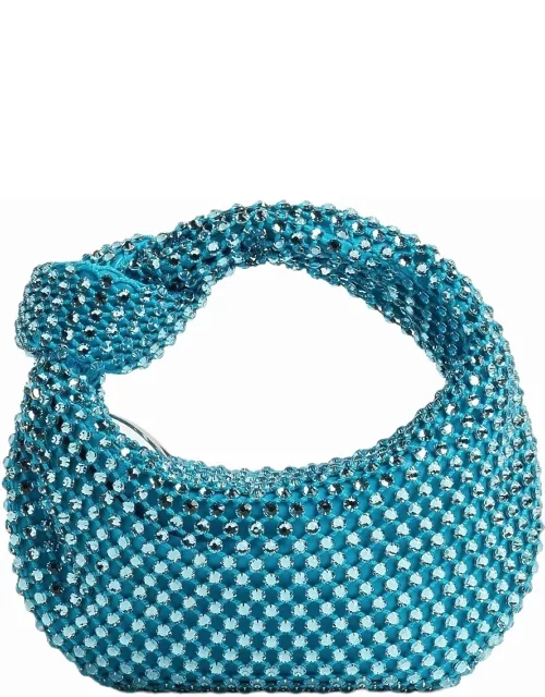 Light blue mesh mini Jodie bag with intrecciato pattern decorated with rhinestone