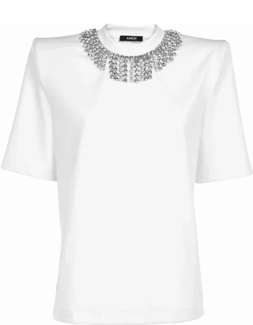 White T-shirt with jewelled neck detai
