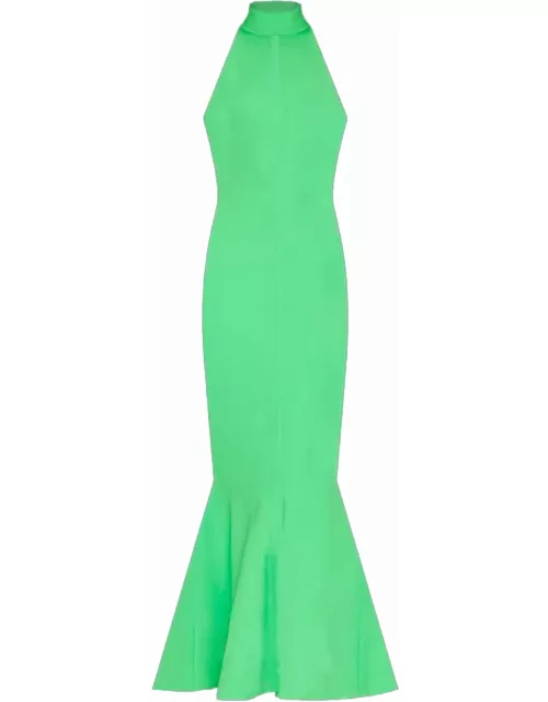 Green Lula high-necked flared long dres