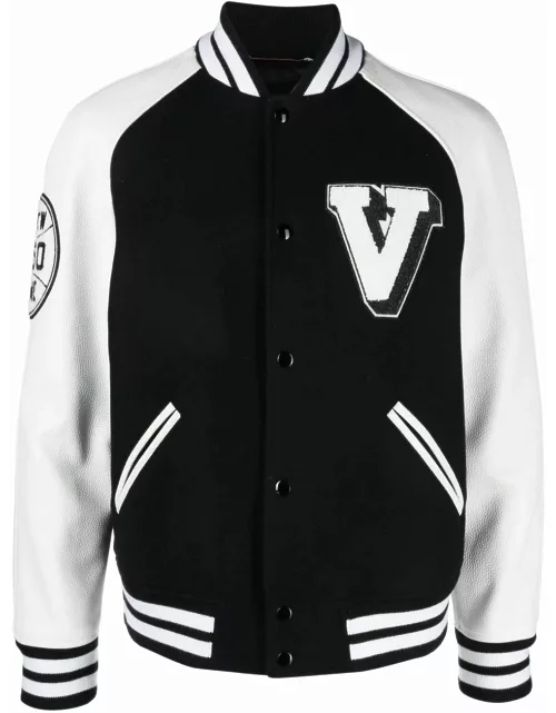 Valentino black bomber jacket with white sleeves and logo appliqué