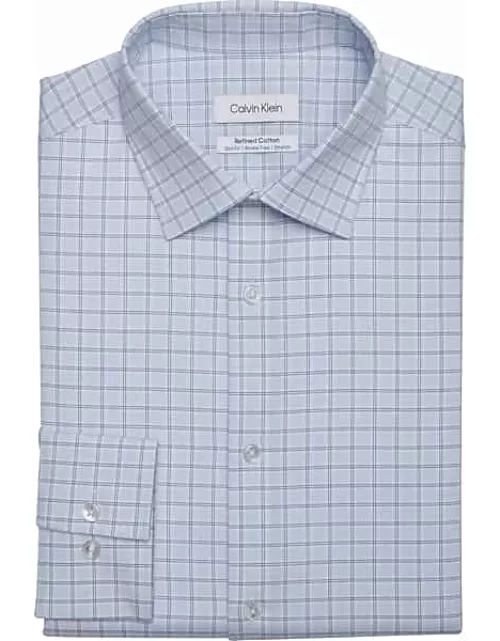 Calvin Klein Men's Refined Cotton Slim Fit Grid Spread Collar Dress Shirt Blue Plaid