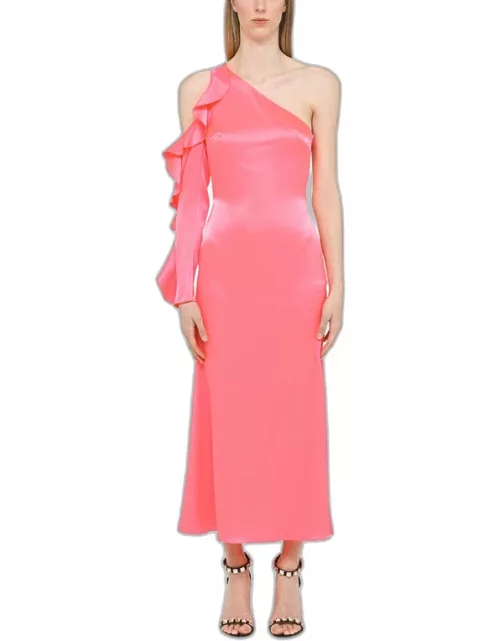 Fluo pink one-shoulder dress in satin