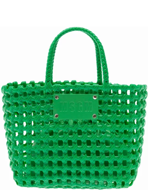MSGM Medium Green Tote Bag With Logo Patch In Braided Rubber Woman