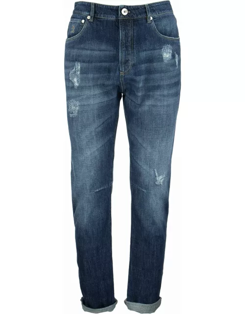 Brunello Cucinelli Five-pocket Leisure Fit Trousers In Old Denim With Rip