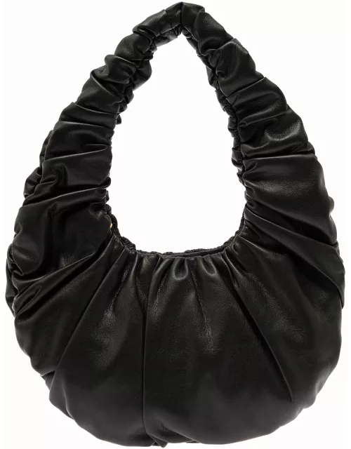 anja Black Baguette Bag With Hobo Handle In Ruched Vegan Leather Woman Nanushka