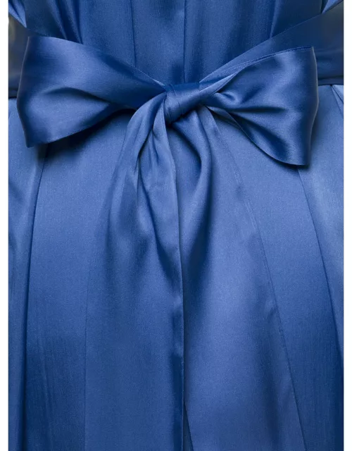 SEMICOUTURE Blue Maxi Dress V-neck Draped Design Satin Finish With Rear Ribbon Fastening In Silk Blend Woman