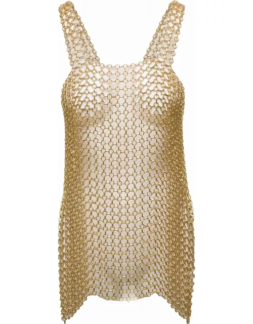 Silvia Gnecchi Gold-tone Mini Dress With Shoulders Straps And Side Splits In Metal Mesh Woman
