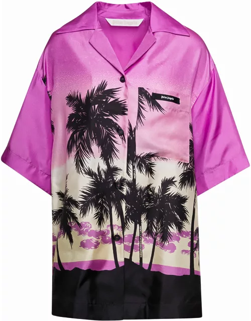 Palm Angels Multicolor Bowling Shirt With All-over Sunset Print In Silk Woman