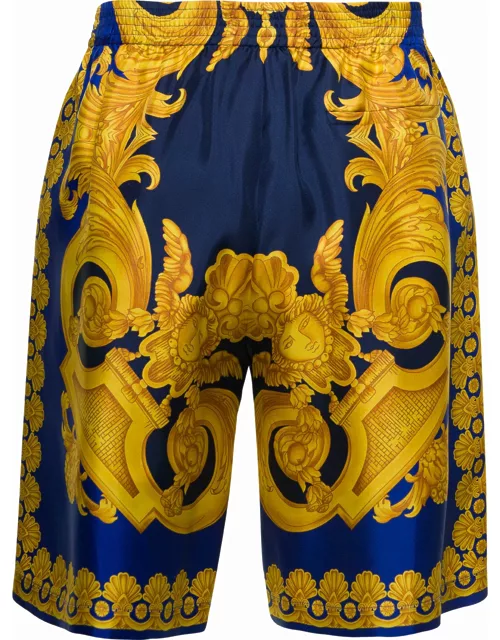 Versace Blue And Gold Shorts With All-over Barrocco Print In Silk Man