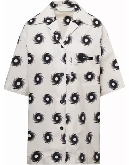 Palm Angels White Bowling Shirt With All-over Shuriken Print In Cotton Woman