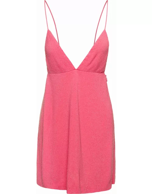 Dsquared2 Mini Salmon Pink Dress With Plunging V Neck And Tonal Rhinestone In Viscose Woman