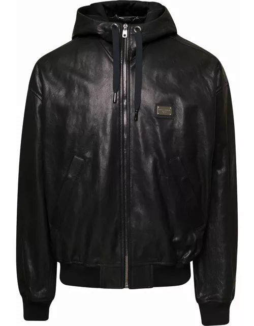 Dolce & Gabbana Black Hooded Bomber Jacket With Metal Logo Tag In Leather Man