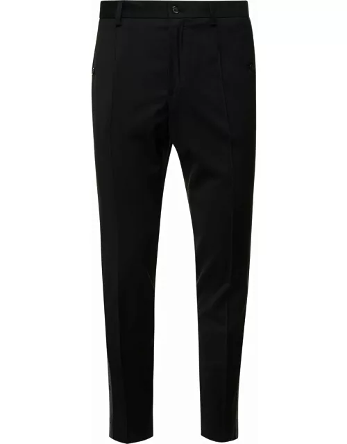 Dolce & Gabbana Black Slim Pants With Contrasting Logo Band In Stretch Wool Man