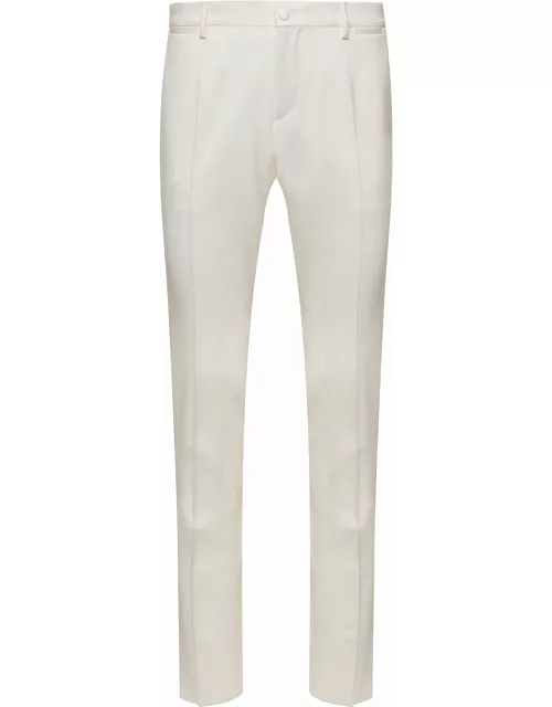 Dolce & Gabbana White Slim Pants With Covered Button In Wool And Silk Blend Man