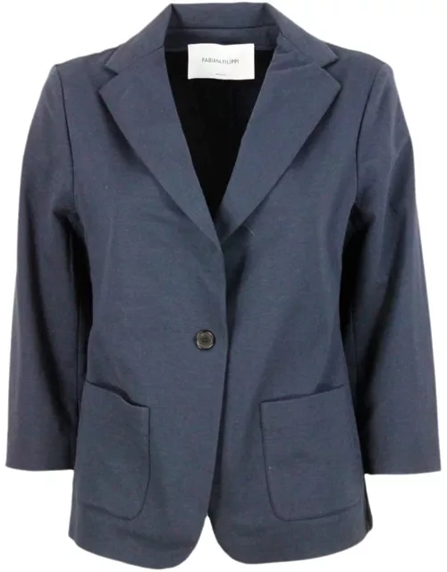 Fabiana Filippi Single-breasted Blazer Jacket In Stretch Cotton Jersey With Three-quarter Sleeves Embellished With Sparkling Monili On The Neck