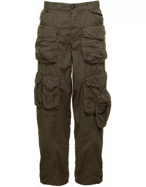 Dsquared2 Military Green Low Waisted Cargo Pants With Branded Buttons In Stretch Cotton Woman