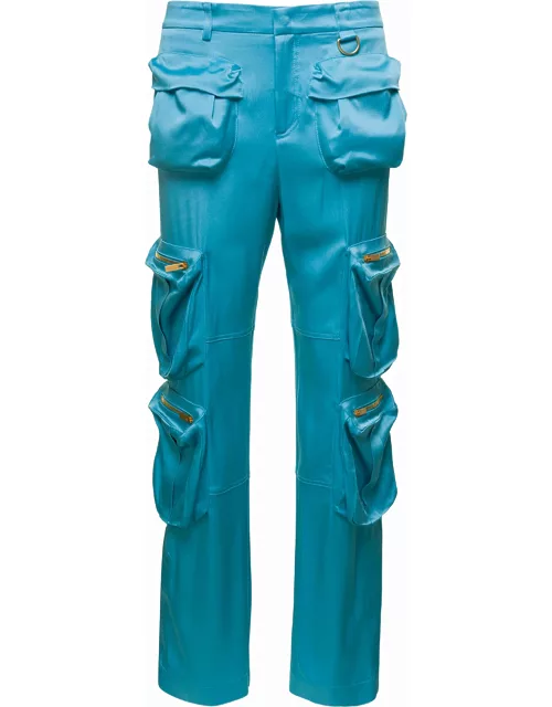 Blumarine Light Blue Cargo Pants With Macro Patch Pockets In Satin Woman