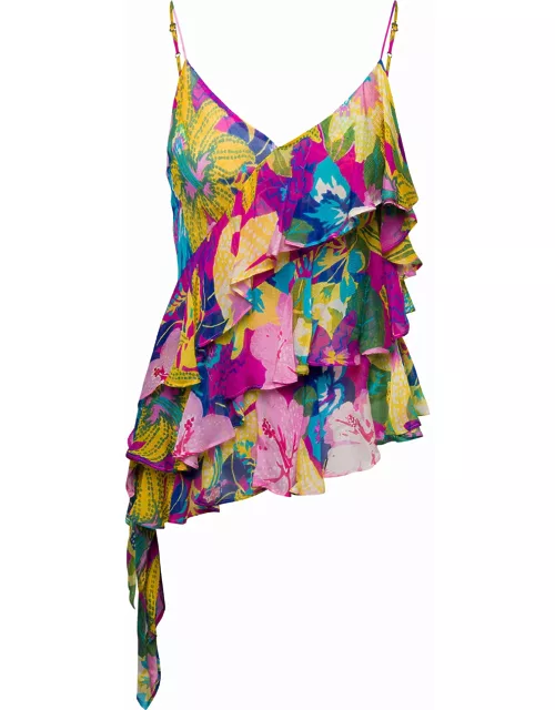 MSGM Multicolor Asymmetric Ruffled Top With Graphic Print In Viscose Woman