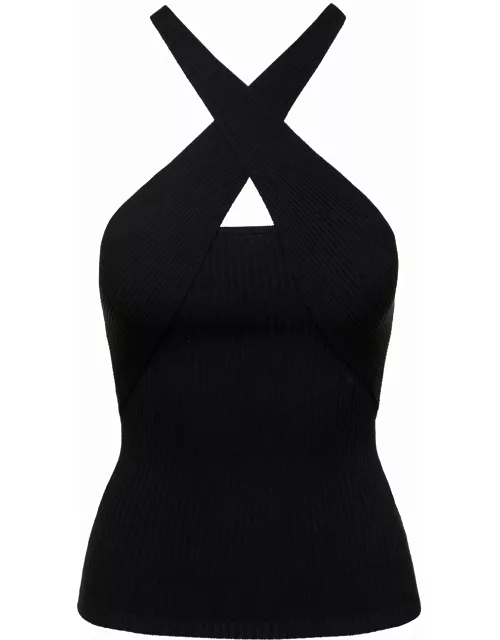 MSGM Black Ribbed Knit Crossover-strap Top In Viscose Blend Woman