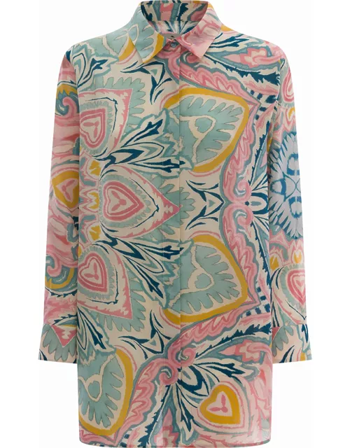 Etro Light Blue Shirt With Multicolored Graphic Printed Pattern All-over In Silk Woman
