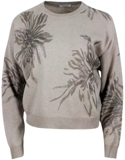 Brunello Cucinelli Long-sleeved Round-neck Wool, Silk And Cashmere Sweater With Flower Print Embellished With Lurex