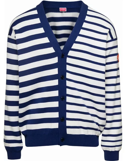Kenzo Black And Blue Nautical Striped Cardigan In Cotton Man