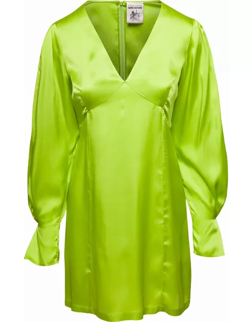 SEMICOUTURE Lime Green Zoie Minidress V Neck Satin Effect In Silk Blend Woman
