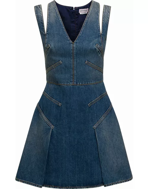 Alexander McQueen Blue Mini Dress With Cut-out Detail And Pleated Skirt In Cotton Denim Woman