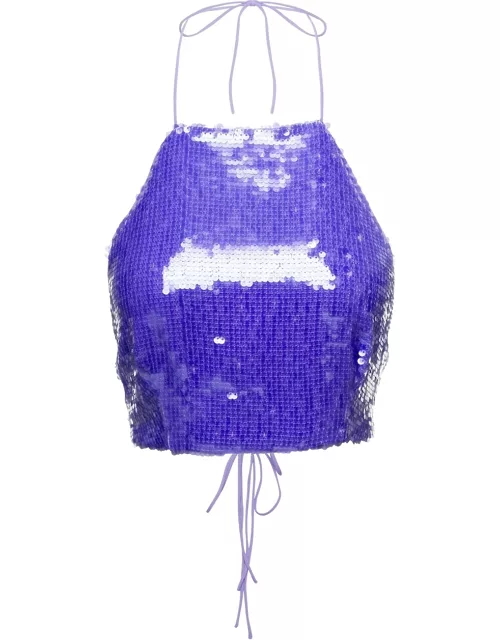 Sabina Musayev lara Purple Halterneck Crop Top With All-over Paillettes In Polyester Woman