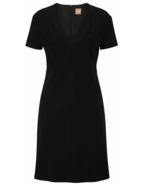 Slim-fit short-sleeved dress with seam details- Black Women's Business Dresse