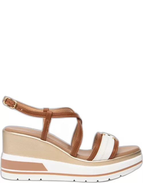 Leather Wedge Sandals with Logo Plate