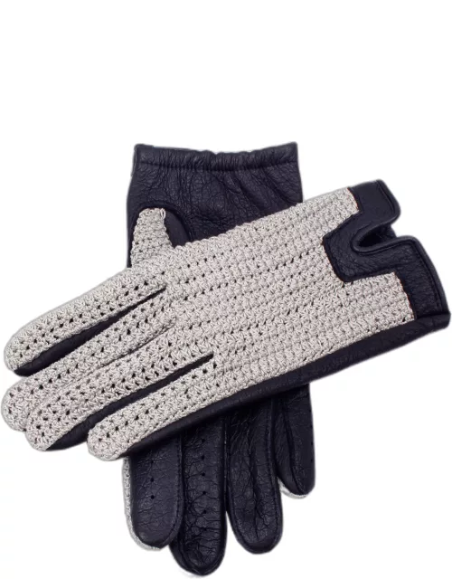 Dents Men's Crochet Back Peccary Leather Gloves In Navy