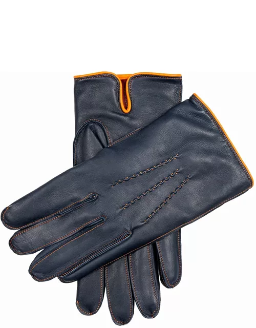 Dents Men's Cashmere Lined Leather Gloves With Contrasting Detail In Navy/tangerine/tangerine/tangerine