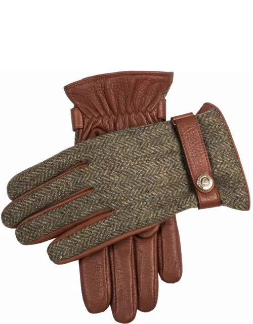 Dents Men's Cashmere Lined Abraham Moon Tweed & Deerskin Leather Gloves In Havana/spruce (Beige)