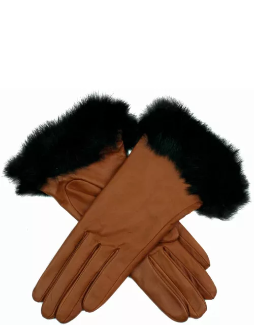 Dents Women's Silk Lined Leather Gloves With Fur Cuffs In Cognac